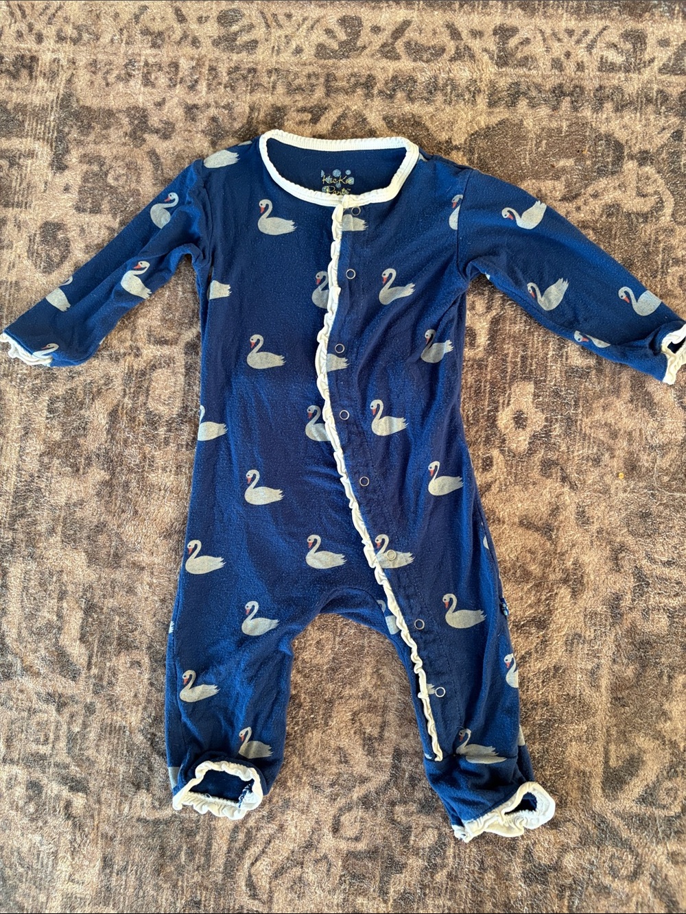 Kic Kee Pants Navy Swan Bamboo One-Piece Romper with Cream Trim